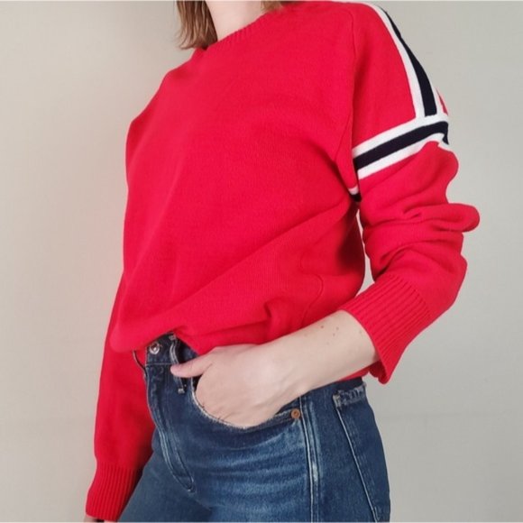 Vintage Red sweater with white navy stripes on sleeve and shoulder, acry… - Picture 2 of 11